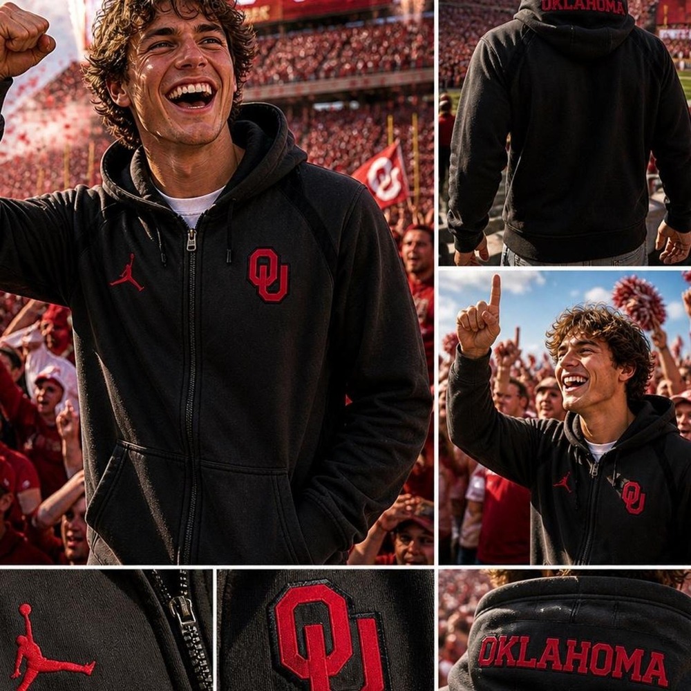 Nike Jordan Oklahoma University Sooners Zip-Up Hoodie Gray/Red –‎ Men's Medium